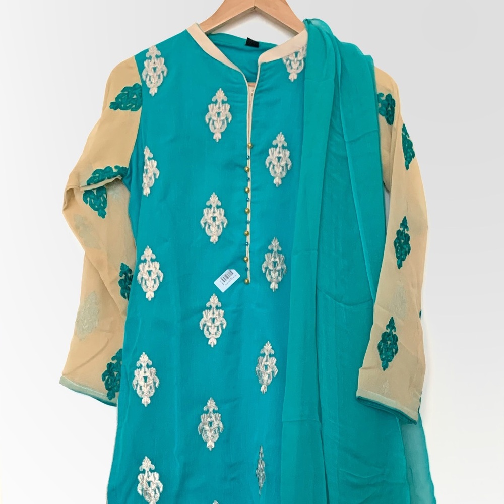 NWOT 3pcs Dhoti Kurta w Shawl Size S Teal Tan